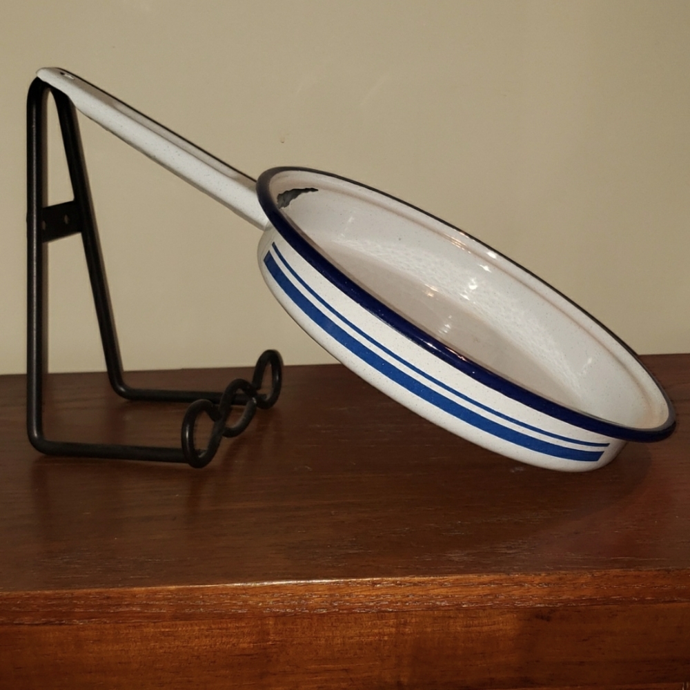 Vintage Enamel skillet. white with blue stripes.